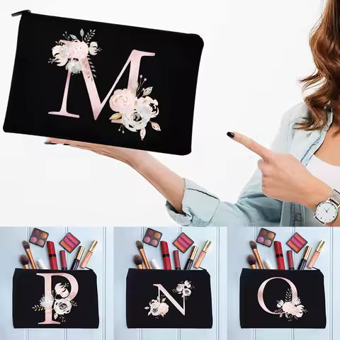 Women's Cosmetic Makeup Bags Female Organizer Pink Flower 26 Letters School Pencil Cases Carrying Bag for Coin Purse