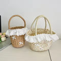 Lace Straw Children's Beach Purse Handbags Sweet Bowknot Baby Girls Shoulder Bags Cute Woven Kids Summer Tote Travel Basket Bag