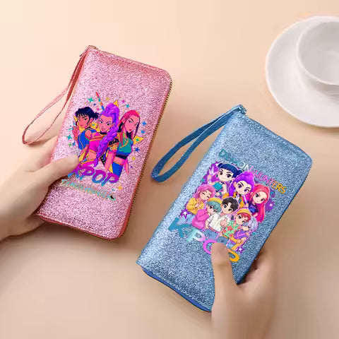 KPop Demon Hunters long Wallet Women Sequin Bling Zipper Wallets Pu Leather Coin Purse ID Card Holder Female Clutch Purses