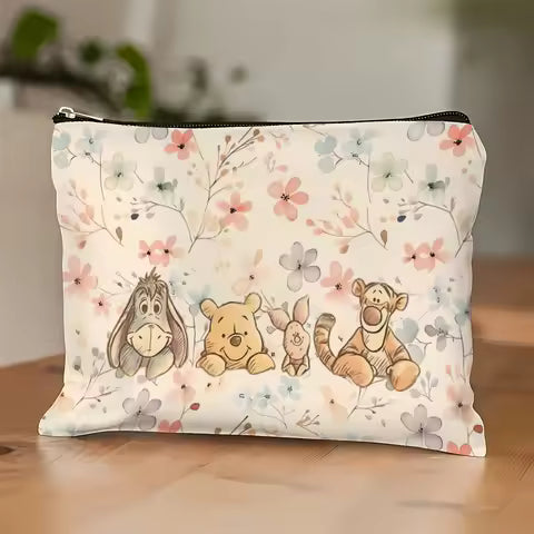 1 Disney Winnie the Pooh Makeup Bag, Featuring Winnie the Pooh, Tigger, and Piglet - Pink Floral Branch Design - Perfect Travel Zipper Pouch - Fun Birthday Gift