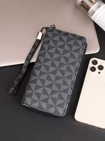 "Stylish Minimalist Men's Wallet - Double Zipper Large Capacity Clutch with Multiple Card Slots, Portable Wristlet Bag