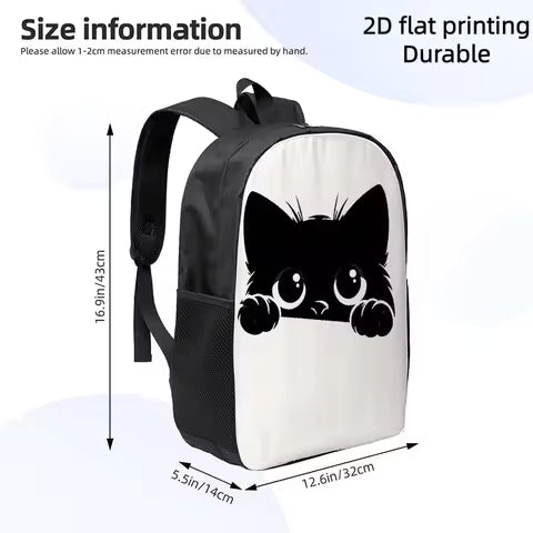 1 cute black cat peek backpack, light casual large capacity day backpack, adjustable shoulder strap, zipper seal, printed lining