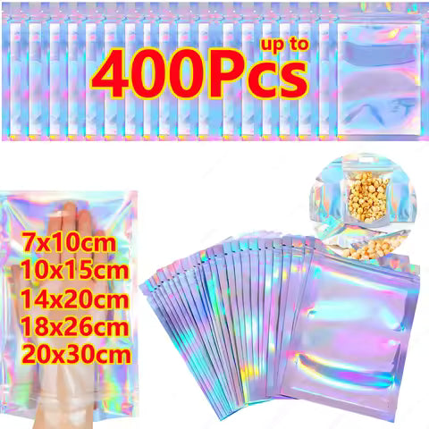 1-400PCS Plastic Laser Sealing Bags Color Holographic Candy Food Pouch Resealable Necklace Gift Jewelry Packaging Storage Bag