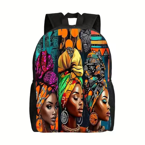 1 African Women's Art Printed Backpack - Lightweight Foldable School Bag with Adjustable Shoulder Strap and Zipper Open