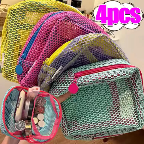 1-4PCS New Square Mesh Cosmetic Bag, Portable Square Cosmetic Storage Bag with Zipper, Multi-purpose Sundries Storage Bag