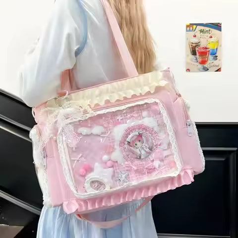 Y2k New Sweet Ita Shoulder Bag Lolita Girl Transparent Crossbody Bag Women Large Capacity Lace Tote Bag Cute DIY Display Handbag