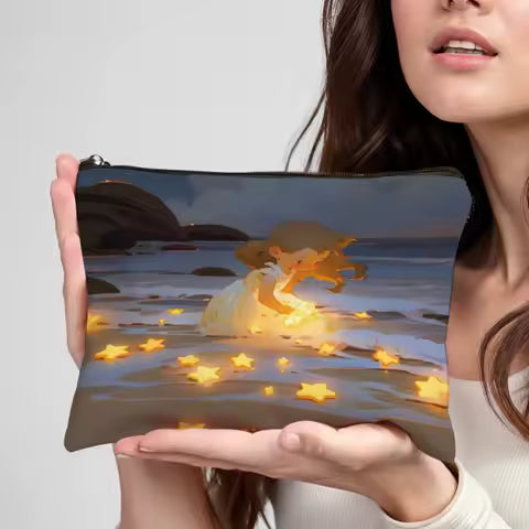 "The Girl who Releases stars" Print Stylish Zippered Makeup Bag Portable Cosmetic Case with Mirror Durable Travel Toiletry Bag