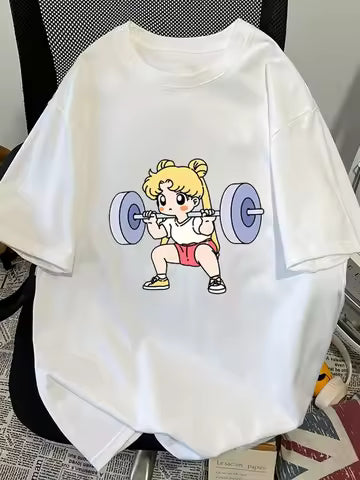 Sailor Moon Lifting Iron Fitness Women's T-Shirt Cotton Girl Children Parent-Child Summer Loose Cute Sweet Fun Short Sleeves