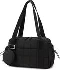 Mini Gym Bag for Women, Puffy Quilted Sports Duffel with Wet Compartment & Coin Purse (Black)