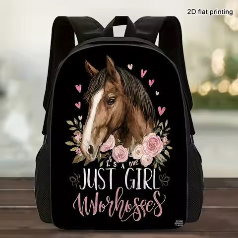 1 Large Capacity Lightweight Travel Backpack - Horse & Floral Print, "Just a Girl Who Loves Horses" slogan, Adjustable Straps