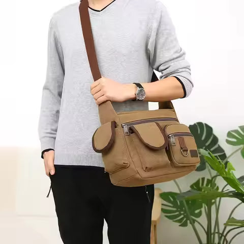 Men Canvas Shoulder Bag Travel Handbags Multifunction Messenger Bags Solid Zipper Top-handle Pack Casual Crossbody Bags Designer