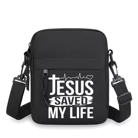 "Jesus Saved My Life" Print Men's Crossbody Bag Casual Commute Travel Zipper Messenger Bag for Christian Believers Gifts