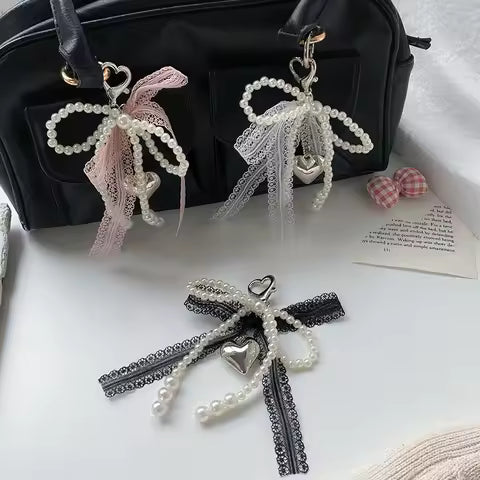 "Chic Beaded Bow Keychain; Sweet Lace Design Phone Charm Strap Pendant for Girls"