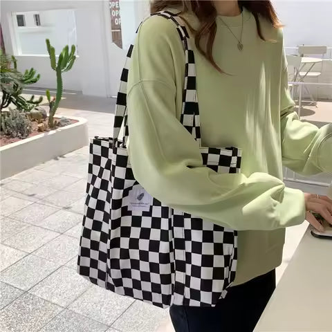 1 Black and White Checkerboard Patterned Shoulder Bag for Women Female Shopping Tote Bag Fashionable Canvas Bag Handbag