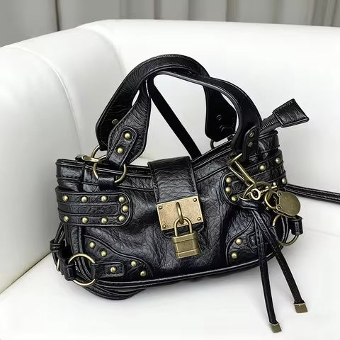 Retro Rivet Black Crossbody Bag Fashion Street Cool Motorcycle Bag Trend Lock Design Small Tote Handbag High Quality Women's Bag