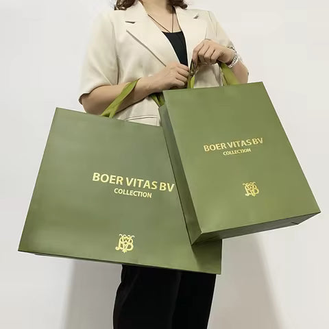 Custom Personal Luxury Large Shopping Paper Bags Gift Packaging Green Paper Tote Bags with Logo