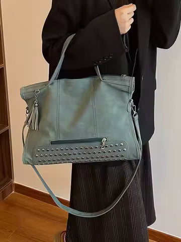 CGCBAG Vintage Designer Luxury Women Tote Bag Casual Lage Capacity Handbags Fashion Rivet Tassel PU Leather Female Shoulder Bag