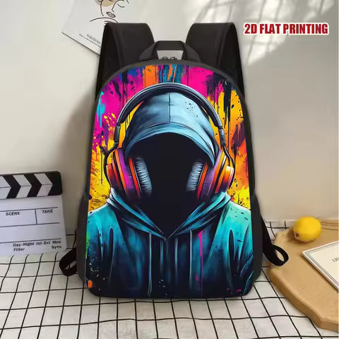 1 Music Themed Backpack with Headphone Print - Lightweight Backpack, Zipper Closure, Graffiti Style Sonic and DJ Inspired