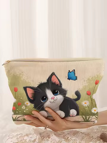 1 cat patterned corduroy makeup bag, lightweight zipper makeup storage box, multifunctional bag with lining