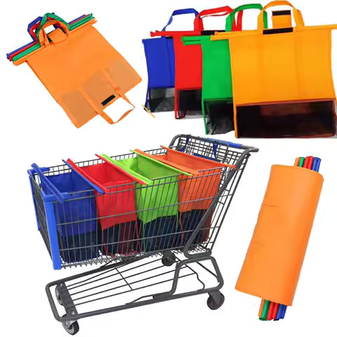 4pcs/set Reusable Shopping Cart Bag, Storage Bag, 4-in-1 Foldable Shopping Bag With Dividers, Non-woven Supermarket Shopping Bag