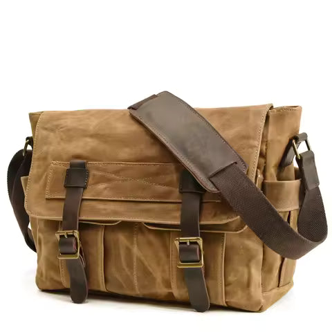New Wax Canvas Splicing Men's Real-Leather Bag Vintage Men's Single-Shoulder Bag Fashion Computer Messenger Bag for men