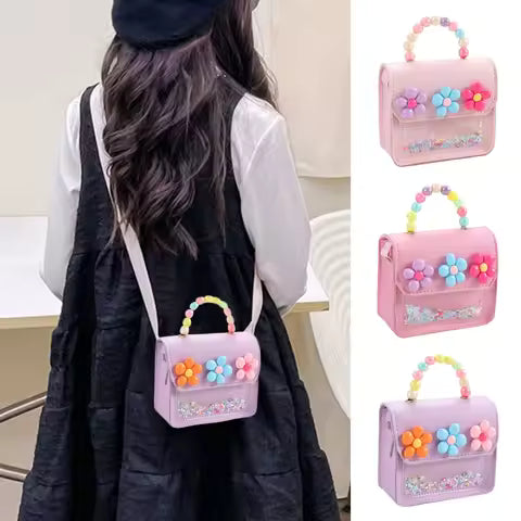 Creative Cute Flowers Children's Messenger Bag PU Leather Bowknot Handbags Pearl Shiny Kids Shoulder Bag