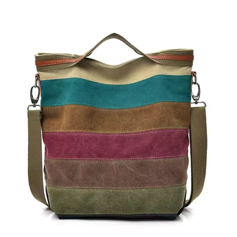 Women's patchwork handbag versatile contrast color striped canvas shoulder crossbody bag