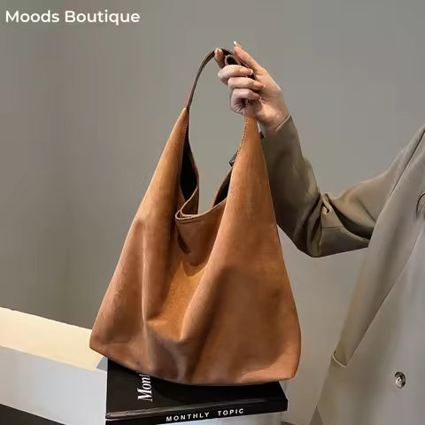 MOODS Casual Shoulder Tote Bag Set For Women 2-IN-1 Suede Pure Color Large Capacity Shopper Tote 2024 Winter New Handbags Female